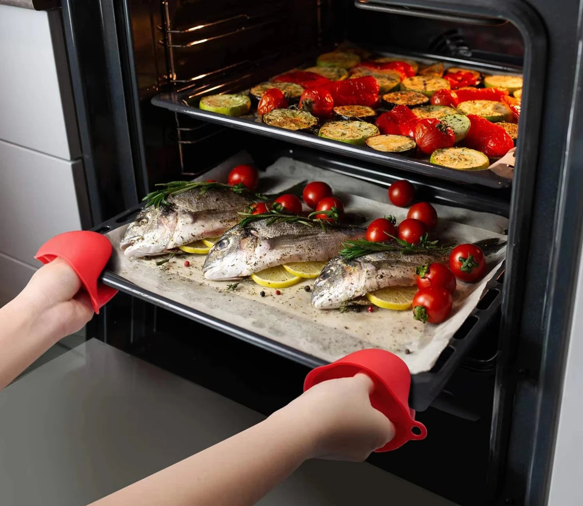 2er Set dicke Silikon Ofenhandschuhe mit Anti-Rutsch Topfclips Küche