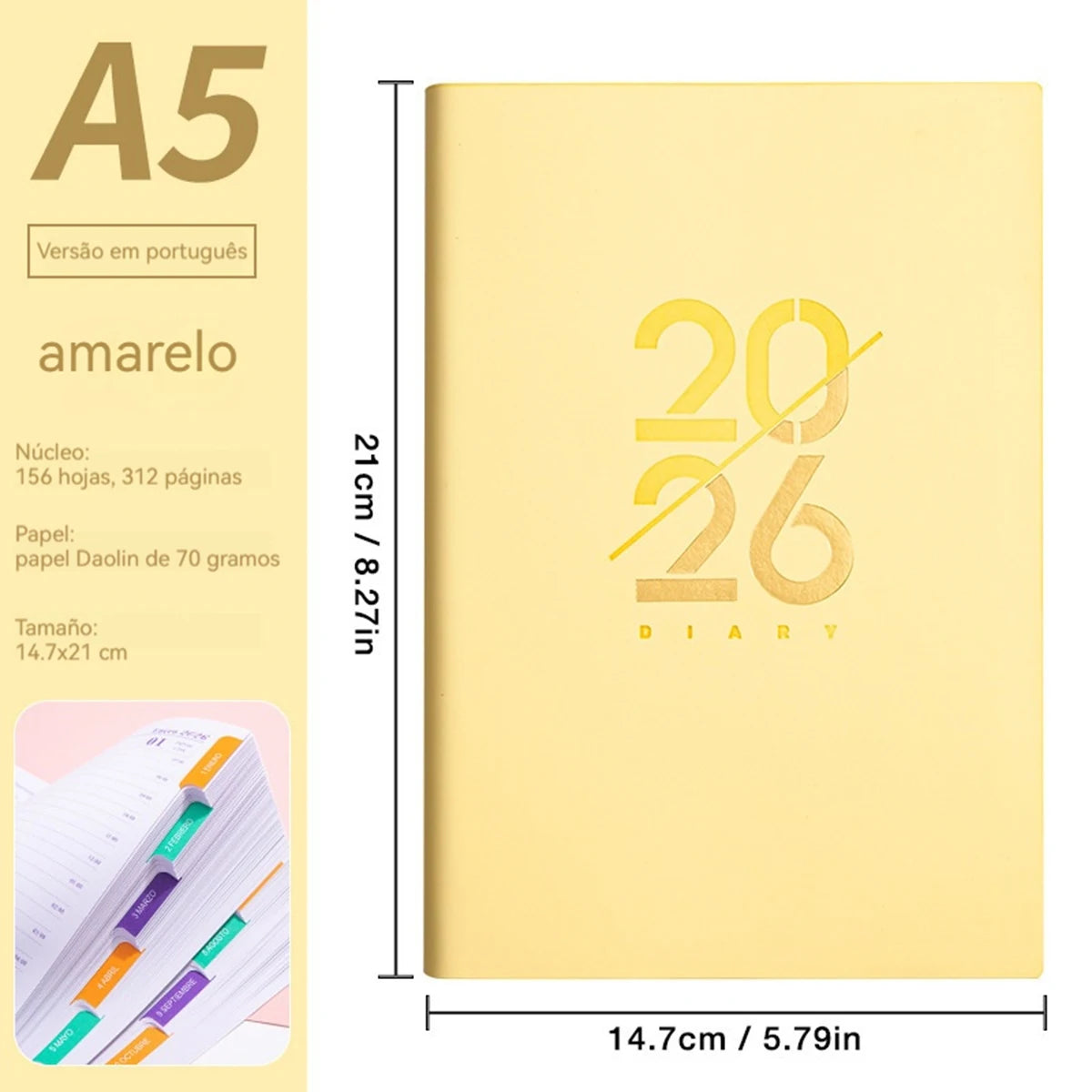 2026 Planer A5 PU-Ledereinband Spanisch Englisch wöchentlicher Monatsplaner