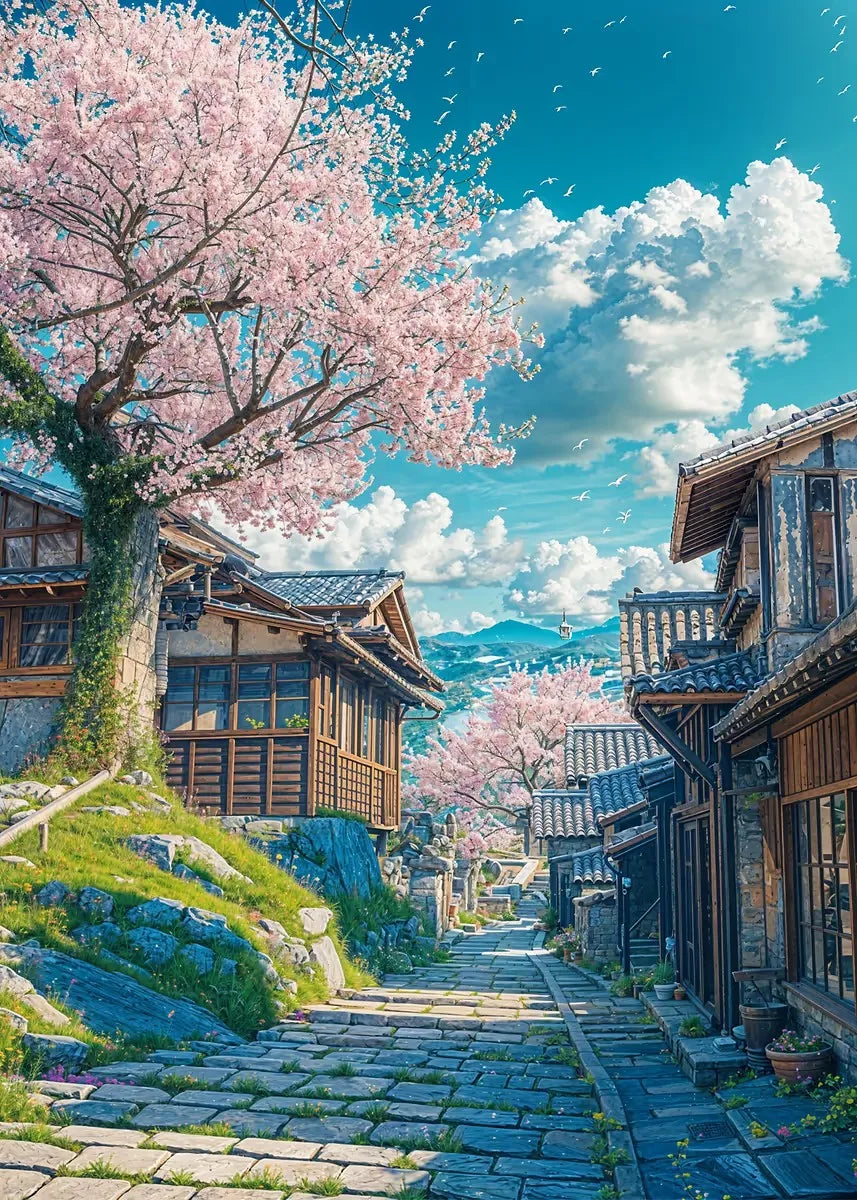 Japanisches Kirschblüten-Dorf Leinwanddruck mit Mount Fuji Wandkunst-Yabubest - Home & More