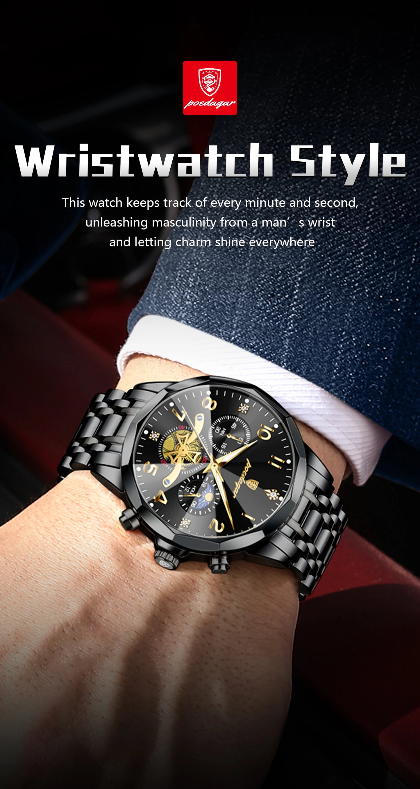 Wasserdichte Edelstahl Herrenuhr mit Chronograph und Leuchtfunktion-Yabubestshop