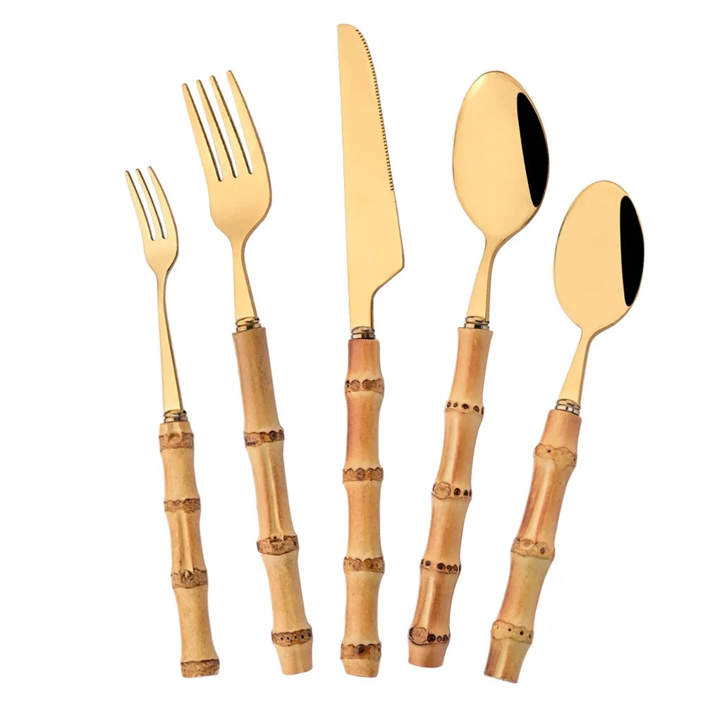 Modernes 4/5-teiliges Besteckset mit schwarzem Bambusgriff und Edelstahl-Design