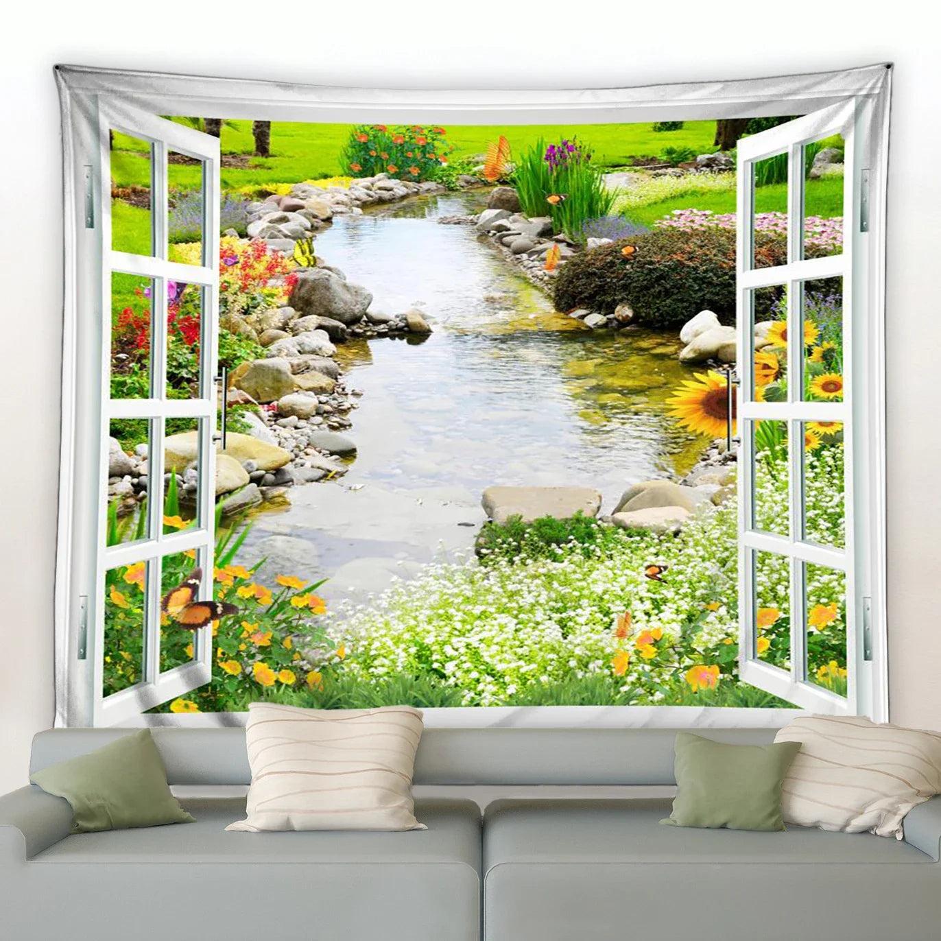 Frühlingshafte Wandtapisserie mit Schmetterlingen und Blumenmotiv