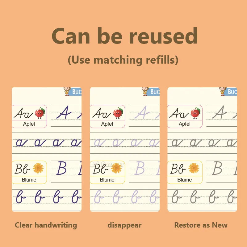 Wiederverwendbares Lernheft für Kinder zum Üben des deutschen Alphabets