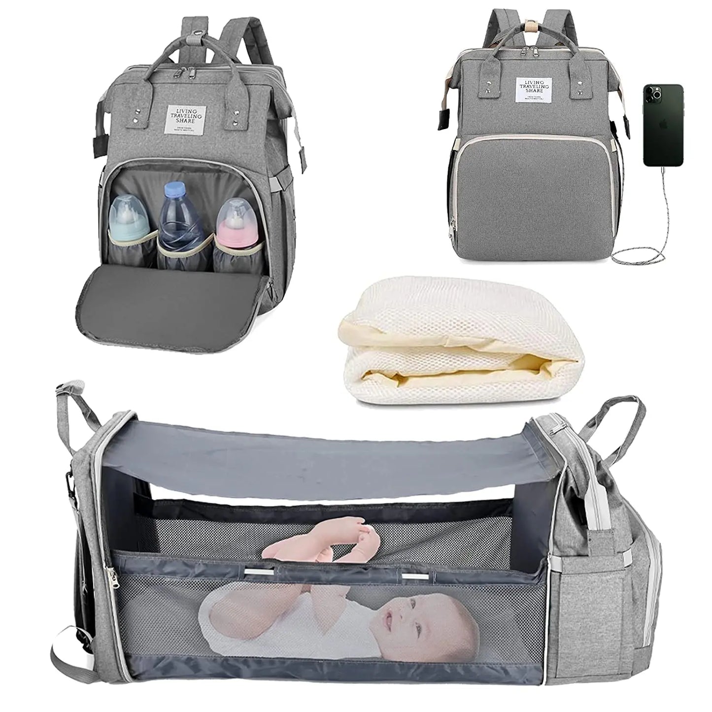 Vielseitige 3in1 Wickeltasche mit USB Ladefunktion und Babybett