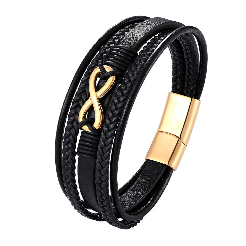 Klassisches Herren Lederarmband Mehrschichtig Geflochten Edelstahl Magnetverschluss