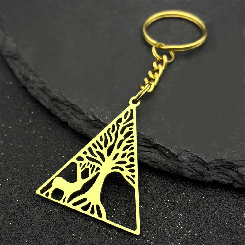 Dreieck Baum des Lebens Milu Hirsch Schlüsselanhänger Edelstahl Unisex