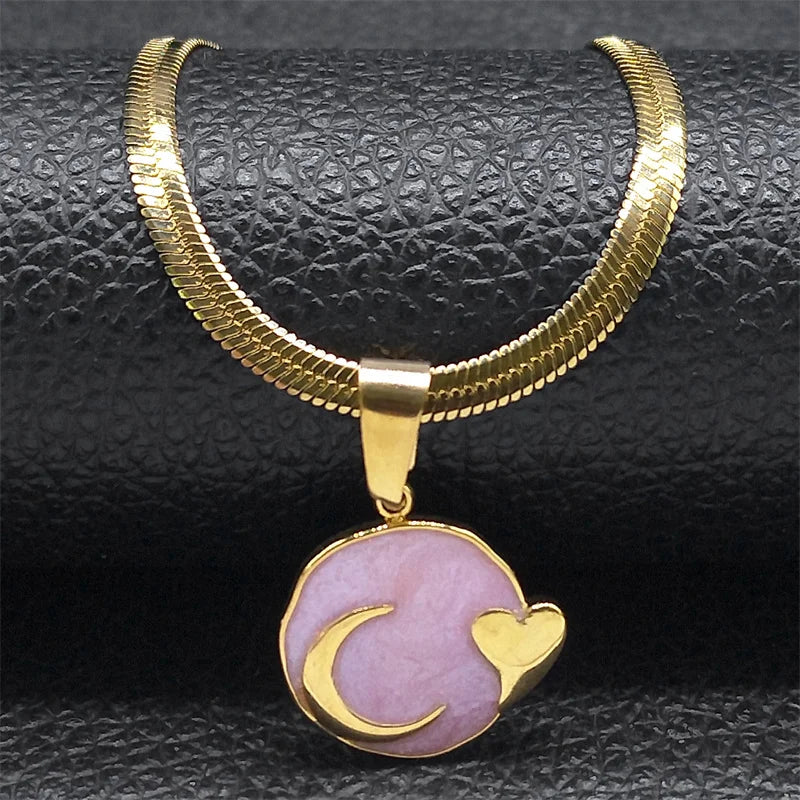 Mond Herz Emaille Lava Anhänger Halskette für Frauen Gold Edelstahl