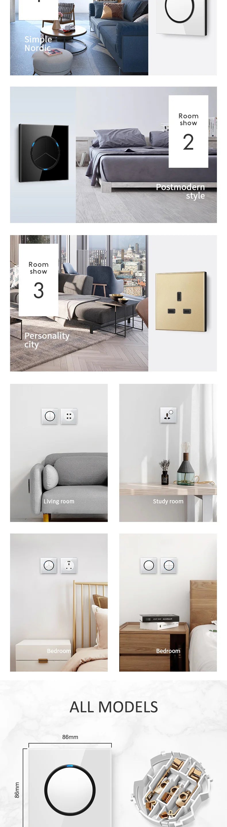 YINKA Lichtschalter mit goldener Glasscheibe für Zuhause EU Standard