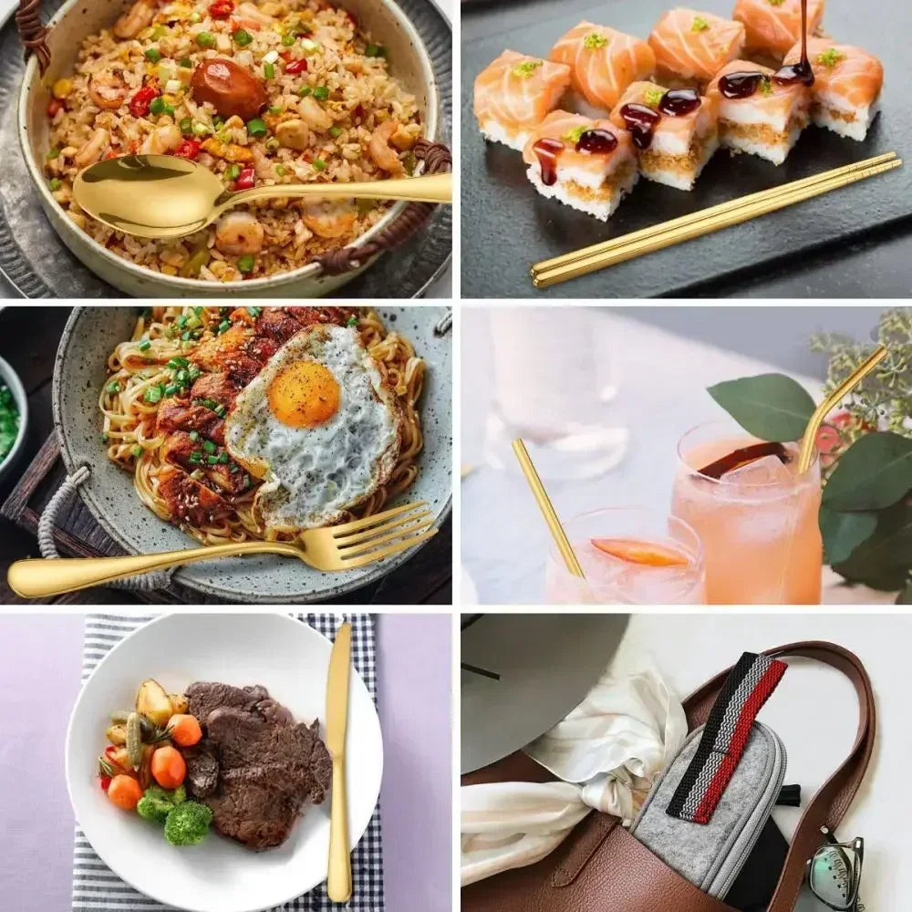 Nachhaltiges 7-teiliges Edelstahl Besteckset mit Reise-Strohhalm – robust - tragbar