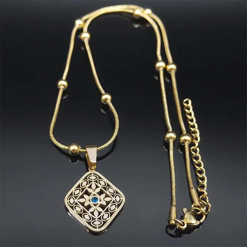 Ethnische Raute Anhänger Halskette Edelstahl Gold Farbe Geometrisch