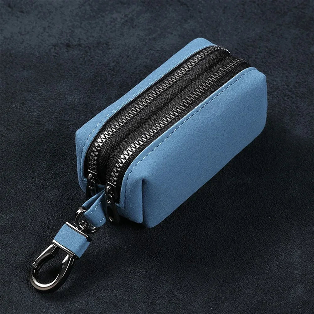 Unisex Wildleder Schlüsselmäppchen für Herren - Damen – Doppel Reißverschluss