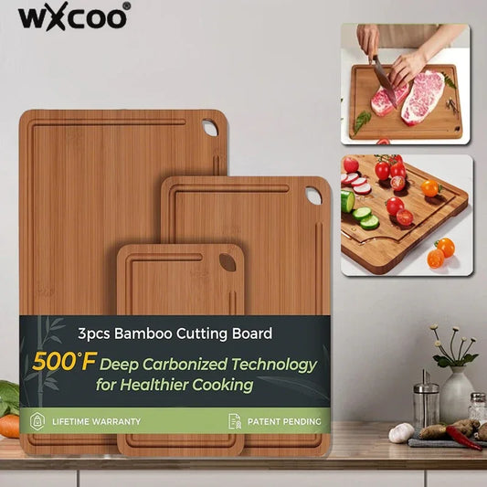 3er Set Bambus Holz Schneidebretter rutschfest für Küche und Obst Gemüse