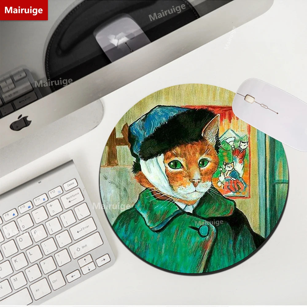 Rundes Mauspad 22cm - Niedliches Katzen Design - Van Gogh Stil für Gamer