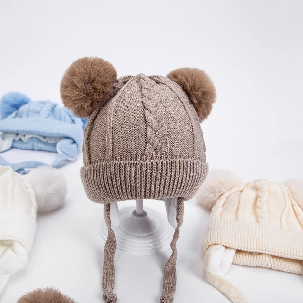 Warme Baby Strickmütze mit Bär Motiv und Baumwollfutter für 1-3 Jahre