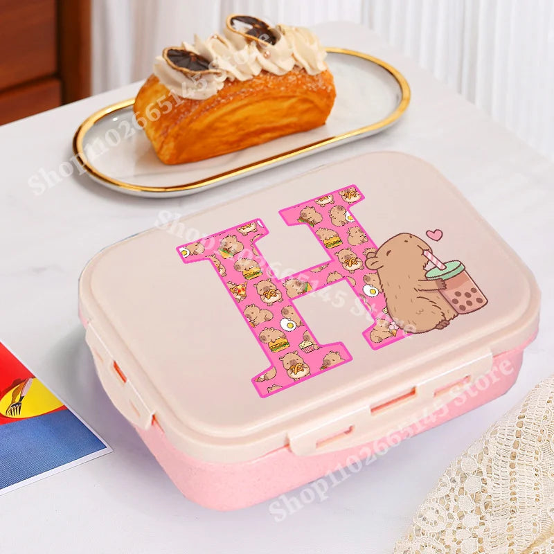 Niedliche Capybara Lunchbox mit A-Z Buchstaben, Single Layer Bento Box