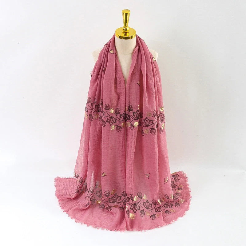 Damen Baumwoll-Leinen Schal Gold Bedruckt Quadratisch Kleine Blumenmuster