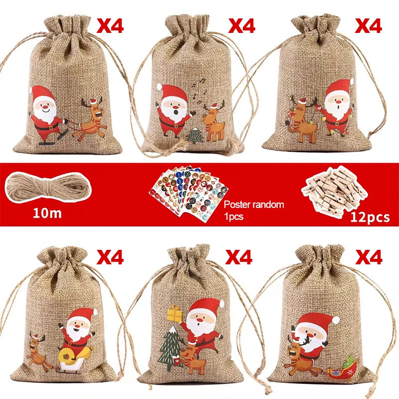 24 Stück Weihnachts-Adventskalender Geschenk Taschen mit DIY Dekor