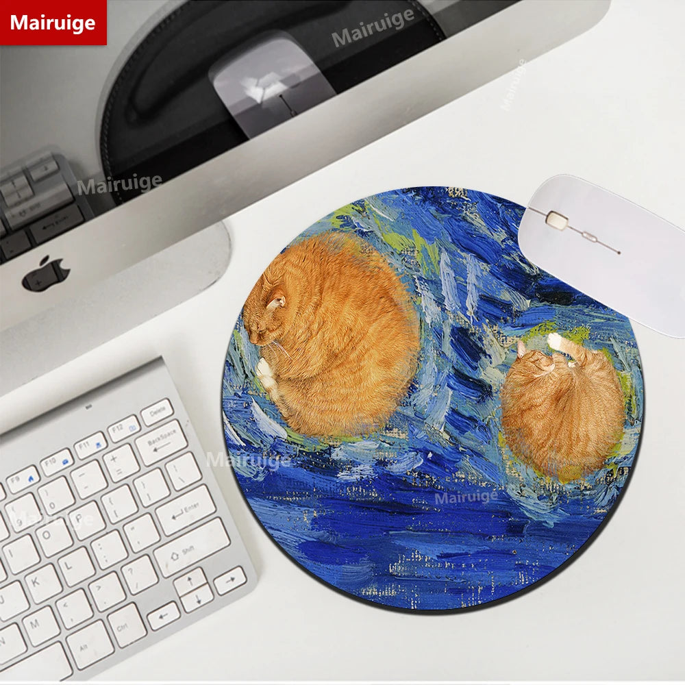 Rundes Mauspad 22cm - Niedliches Katzen Design - Van Gogh Stil für Gamer