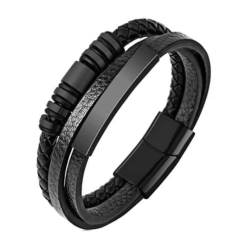 Multilayer Herren Armband aus Edelstahl und Leder mit Perlen Design