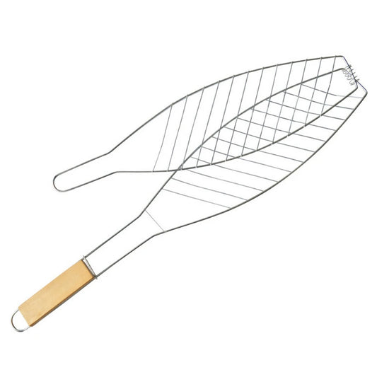 Antihaft-Fisch-Grillkorb 56x12 cm mit klappbarem Holzgriff – flexibel - sicher Grillen