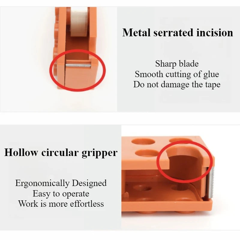 Blockförmiger Klebebandschneider mit scharfem Metallschneideblatt, stapelbar und ergonomisch