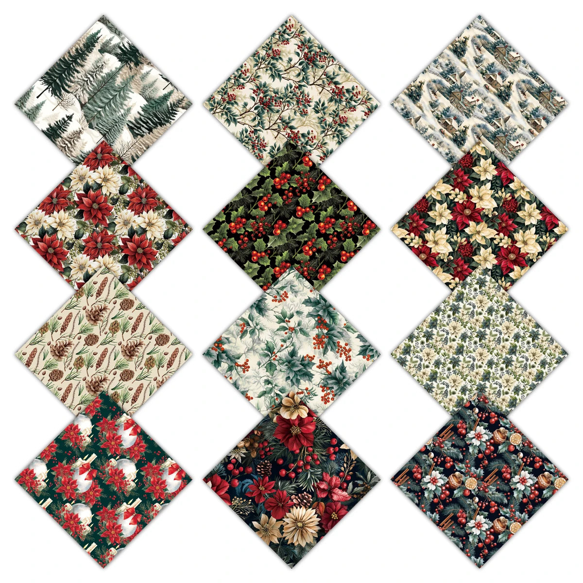 12 Stück Weihnachtsdekoratives Papier mit Holly, Beeren und Tannenzapfen