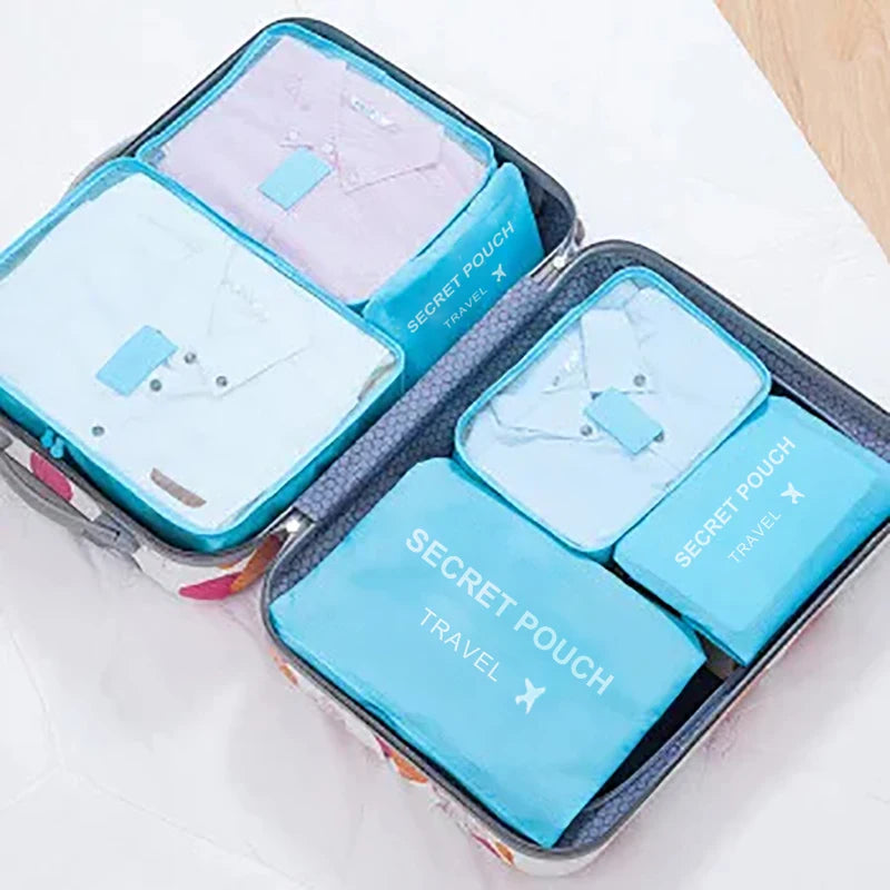 6-teiliges Reise-Set mit wasserdichten Oxford-Taschen in Rosa, Blau & Grau