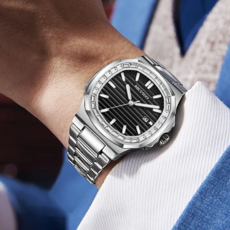 Herren Business Uhr mit Strass wasserdicht leuchtend und Kalender