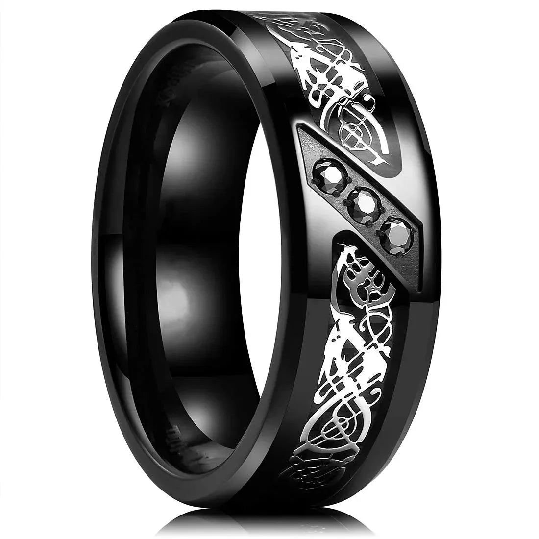 Eleganter Edelstahlring mit keltischem Drachen und Carbon Inlay