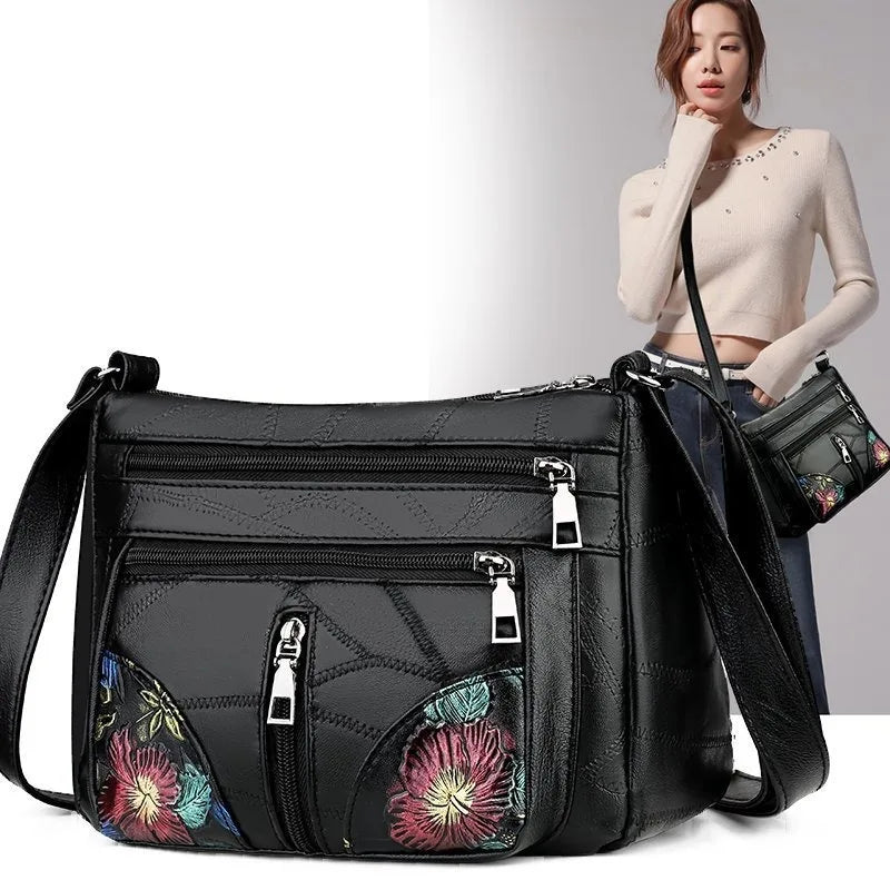 Elegante schwarze Damen Umhängetasche mit Blumen-Design - Multi Fächern