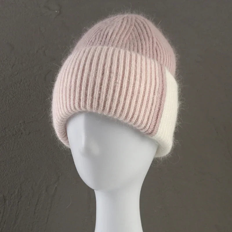 Weiche warme Damen Wintermütze aus Kaninchenwolle gestrickt