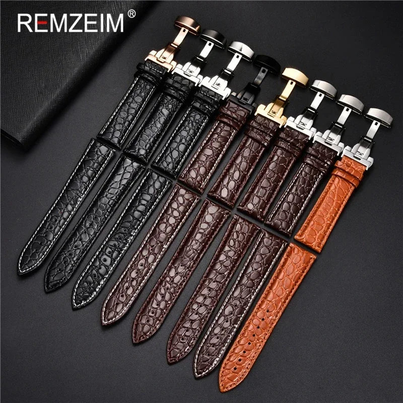 Geprägtes Leder Uhrenarmband 18-24mm mit Schmetterlingsverschluss