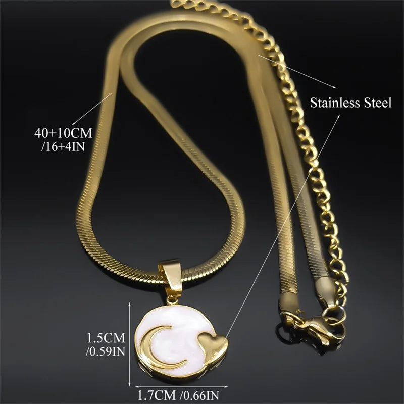 Mond Herz Emaille Lava Anhänger Halskette für Frauen Gold Edelstahl