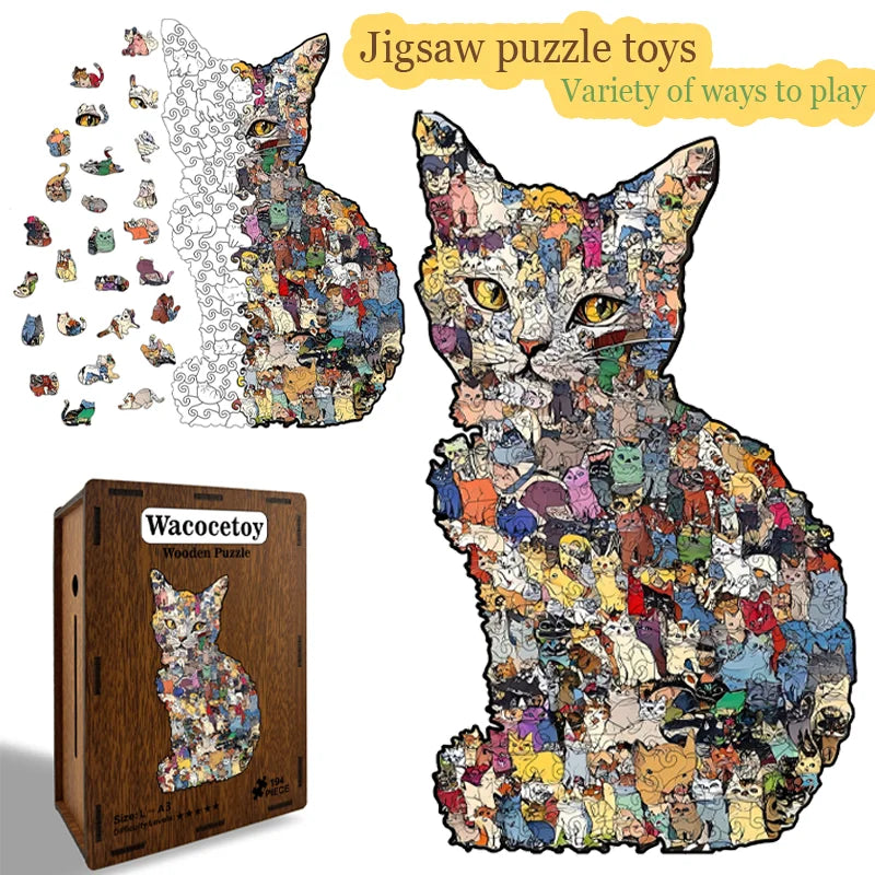 Kreatives 3D Holzpuzzle Katzenform als Sparbank und Denkspiel