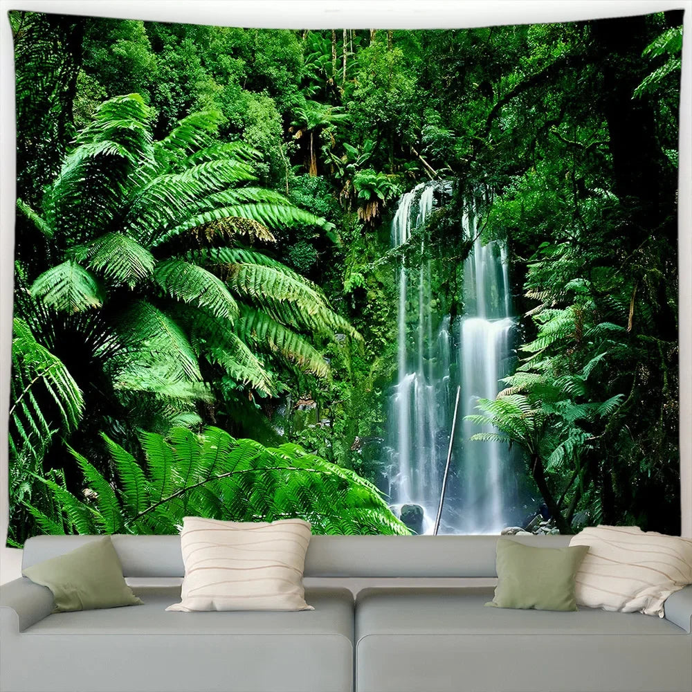 Ländliche Landschafts Tapisserie mit Wald und Wasserfall Motiv