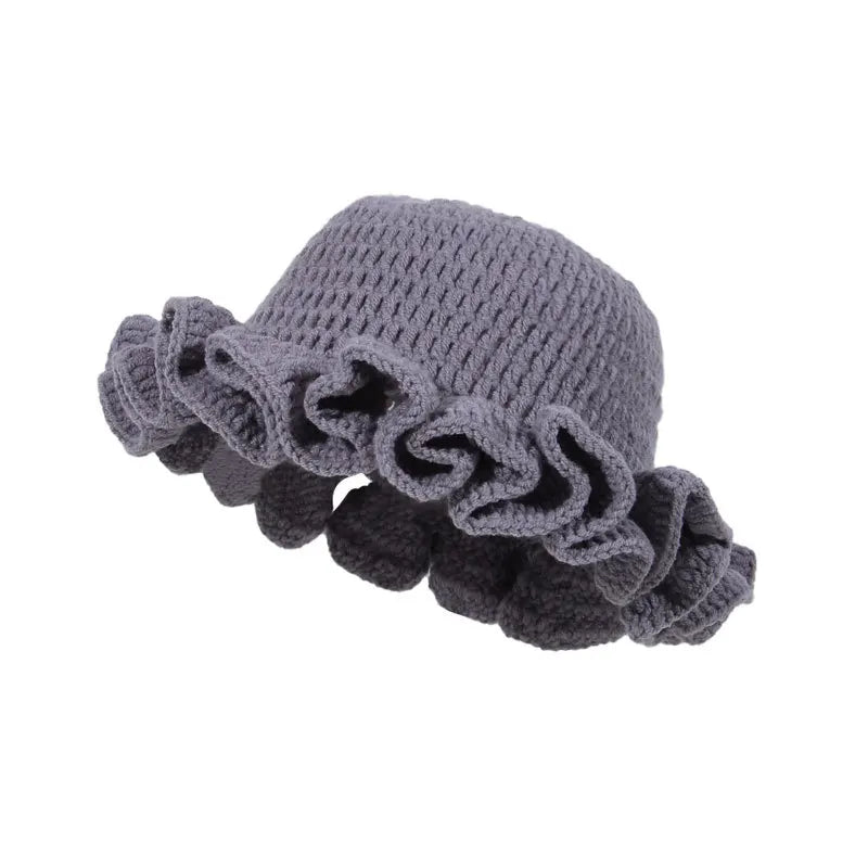 Warme Wollmütze mit Lotusblattkante und mehrfarbiger Spitze für Damen