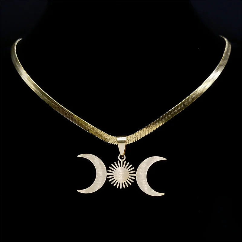Unisex Edelstahl Halskette Dreifache Mondgöttin Gold Farbe Verstellbar