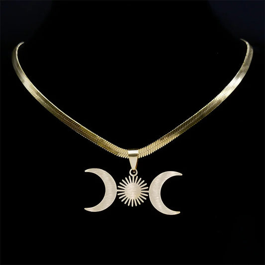 Unisex Edelstahl Halskette Dreifache Mondgöttin Gold Farbe Verstellbar