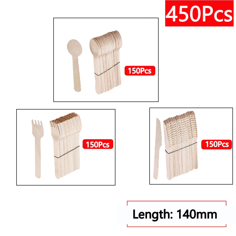 Einweg-Holzbesteck 16 cm 10/150/500 Stück Gabel Löffel Messer Set