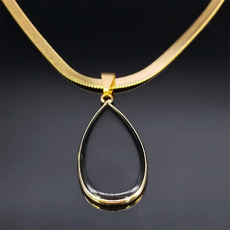 Kpop Schwarz Obsidian Wassertropfen Halskette Edelstahl Goldfarbe Damen