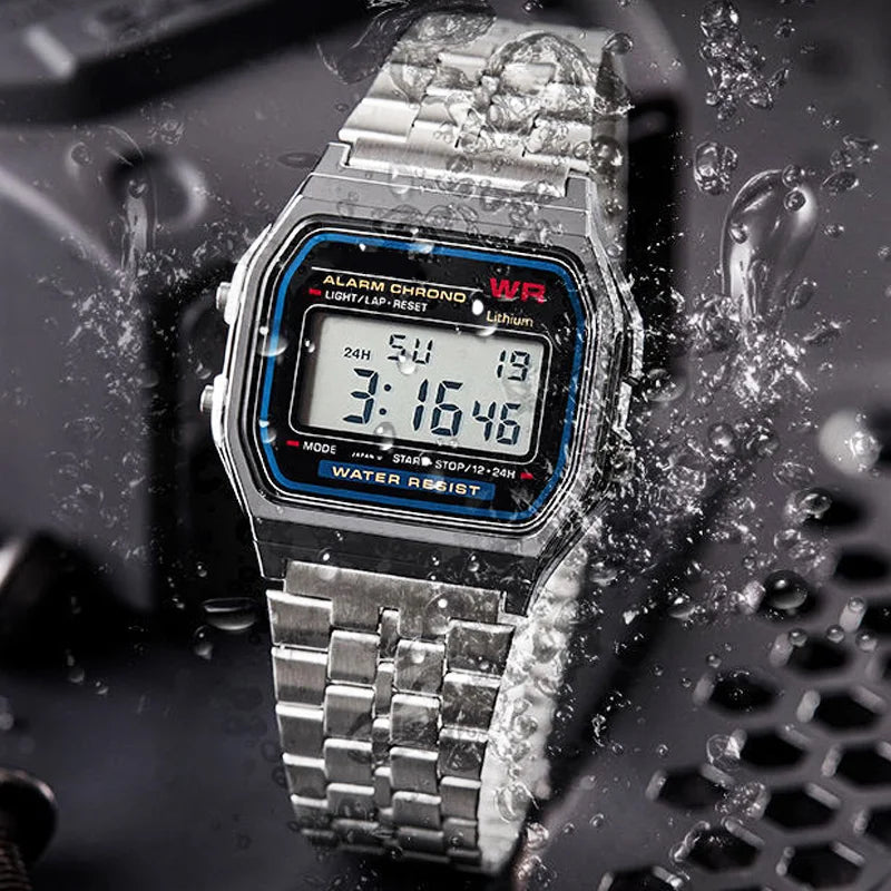 Digitale Retro Sportuhr mit LED Stahlband für Damen Herren Gold Silber