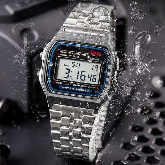 Digitale Retro Sportuhr mit LED Stahlband für Damen Herren Gold Silber