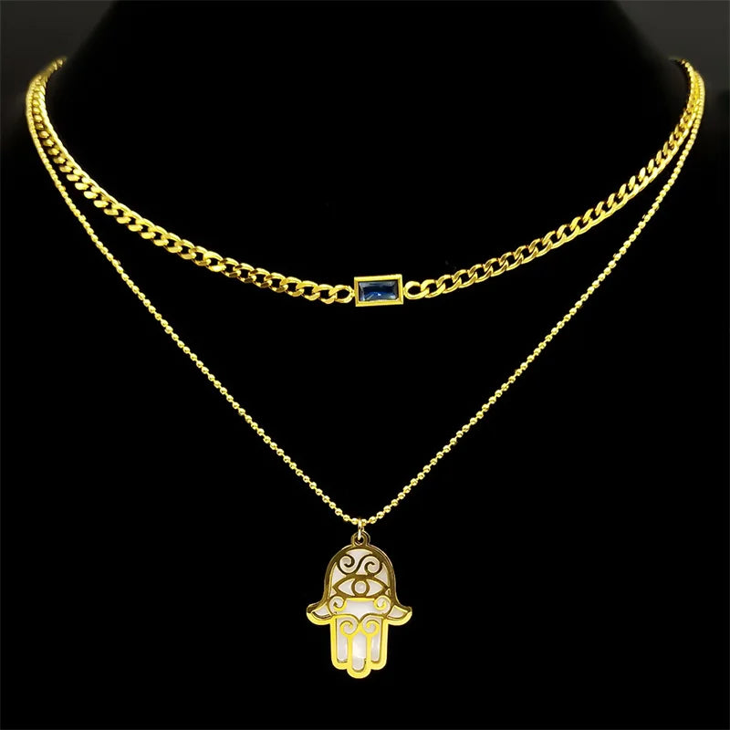 Hamsa Hand Türkisches Auge Kristall Halskette Edelstahl Gold Doppelschicht