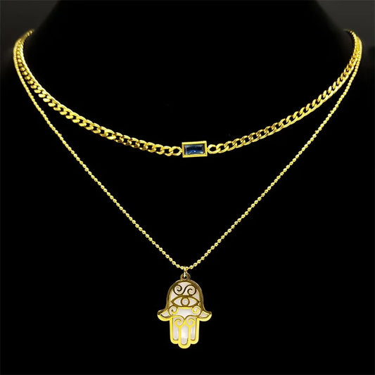 Hamsa Hand Türkisches Auge Kristall Halskette Edelstahl Gold Doppelschicht