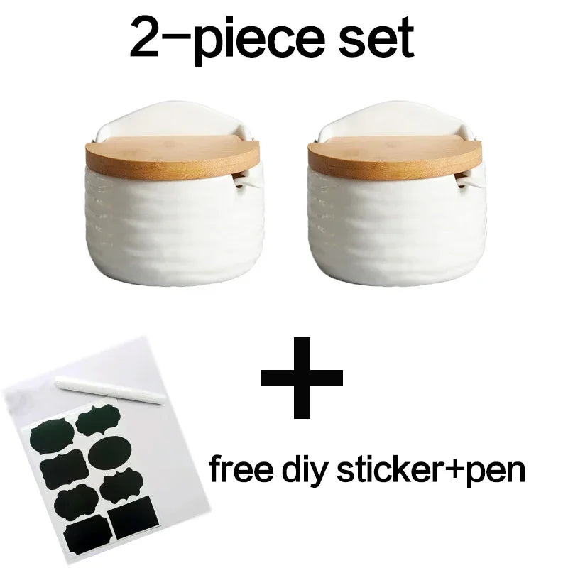 Keramik Gewürzregal mit Bambus Tablett und Holzdeckel Vorratsbehälter Set