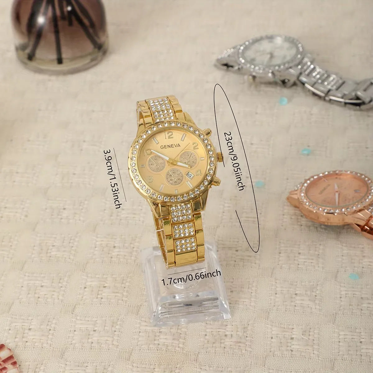 Luxus Damen Quarzuhr Set Gold Strass Drei-Augen-Design Schmetterling