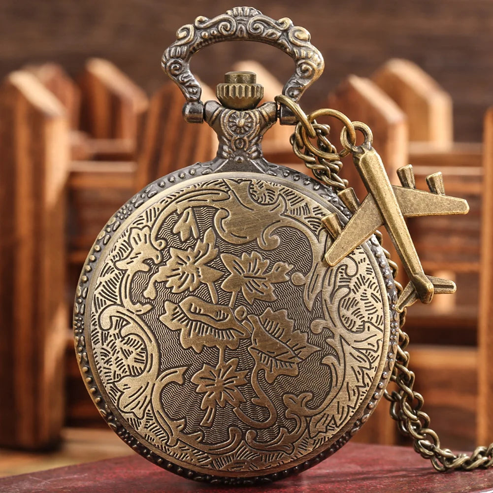 Retro Quarz Taschenuhr mit Flugzeug Anhänger Halskette