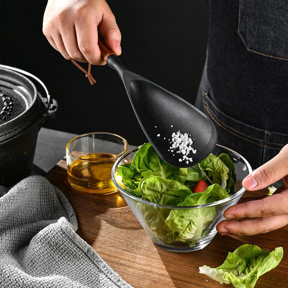 7 teiliges Silikon Kochwerkzeugset mit Holzgriff Schwarz für die Küche-Yabubest - Home & More