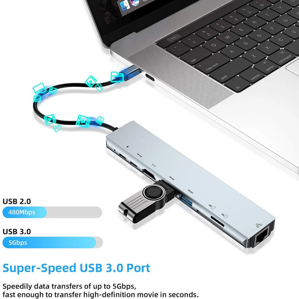 8-in-1 USB C Hub mit 4K HDMI Netzwerk SD TF Kartenleser für Laptop