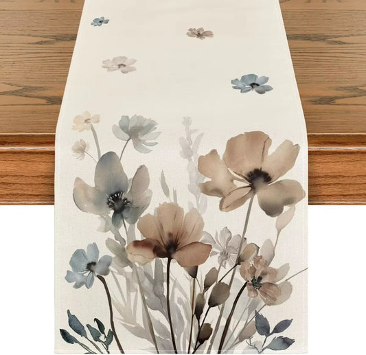 Bunter Tulpen Tischläufer aus Leinen mit floralem Aquarellmuster für Küche und Esszimmer
